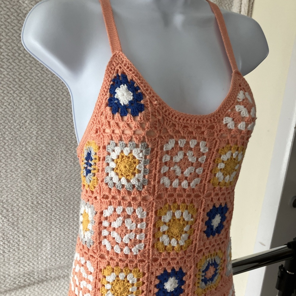 Pink Lily Crochet Halter Dress Colorful Granny Square Medium Boho Festival Gran - Picture 6 of 9